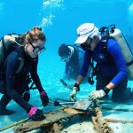 Community volunteers and marine archaeologists collaboratively exploring a historical shipwreck site, engaging in hands-on archaeological work in turquoise waters.
