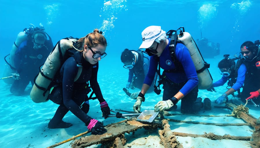 Community volunteers and marine archaeologists collaboratively exploring a historical shipwreck site, engaging in hands-on archaeological work in turquoise waters.