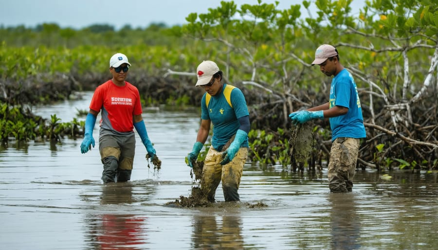 Group of community volunteers planting young mangrove seedlings in coastal mudflats