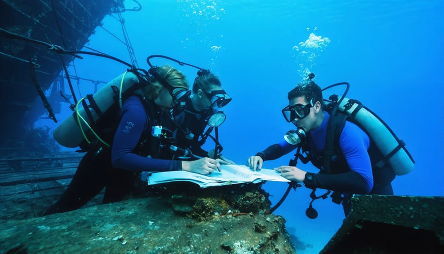Divers working together to measure and photograph artifacts on a historic shipwreck