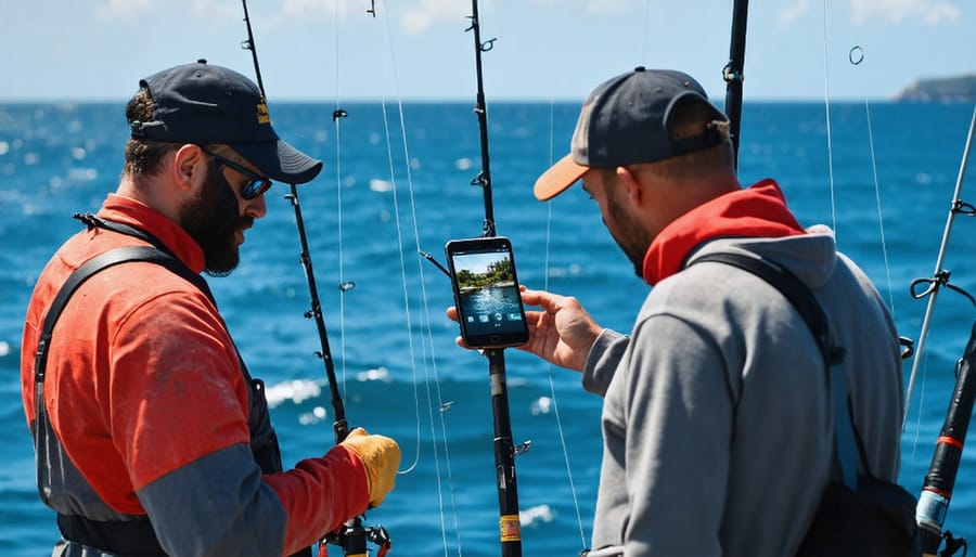 Coastal community members collaboratively using smartphones to track marine life