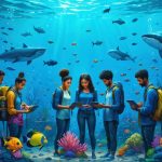 "A diverse group of people, including local fishermen and scientists, collaboratively engaging with marine life and digital tools at the ocean's edge, representing the fusion of community involvement and technology in marine conservation."