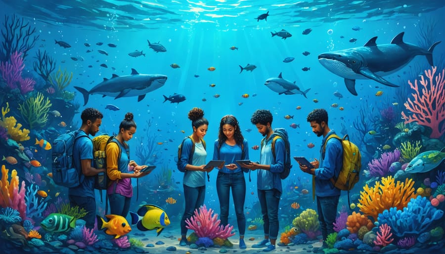"A diverse group of people, including local fishermen and scientists, collaboratively engaging with marine life and digital tools at the ocean's edge, representing the fusion of community involvement and technology in marine conservation."
