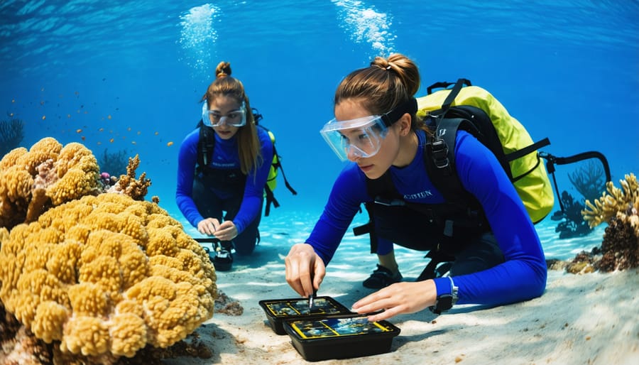 Local volunteers learning to use underwater monitoring equipment while a trainer provides guidance