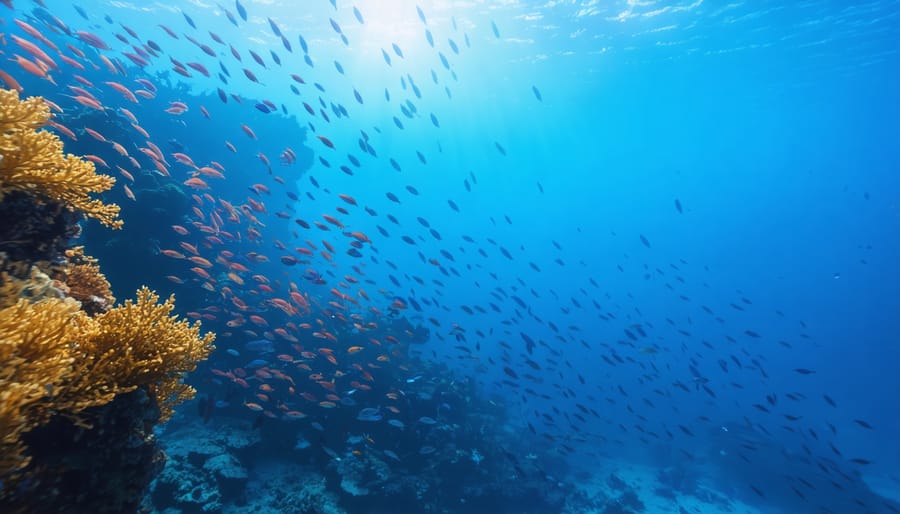 Marine life gathering at an ocean current convergence zone, including fish schools and plankton