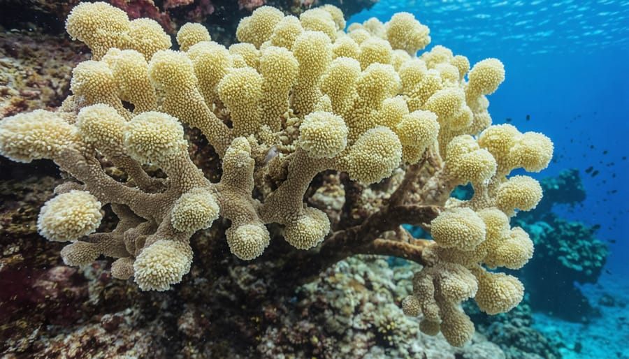 Coral reef showing signs of stress from increased water depth and environmental changes