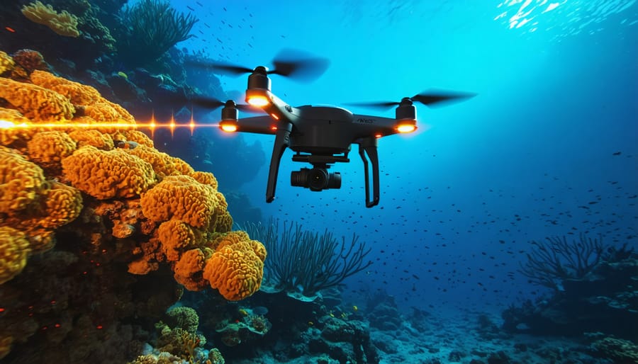 Marine drone scanning coral reef structures with blue mapping lasers