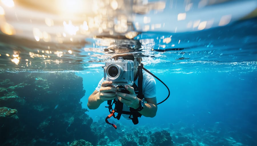 Scuba diver photographing and measuring coral while recording data on an underwater slate