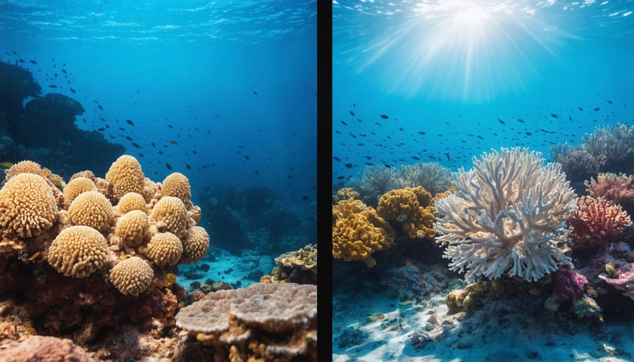 Split image comparing healthy coral reef decomposers with those affected by acidification