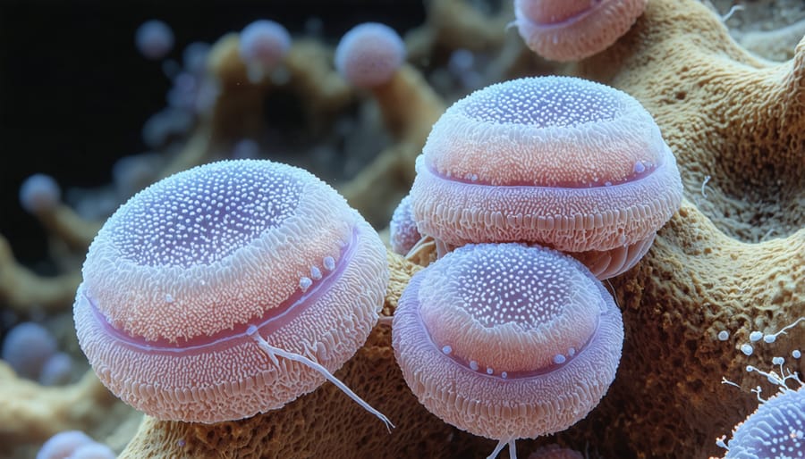 Magnified image showing diverse bacterial communities living on coral tissue