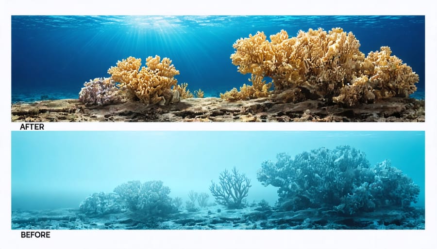 Split image showing healthy colorful coral reef versus bleached white coral reef