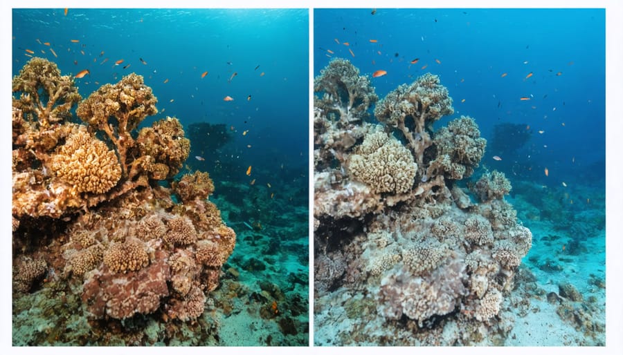 Comparison of healthy coral reef versus coral reef damaged by algal bloom