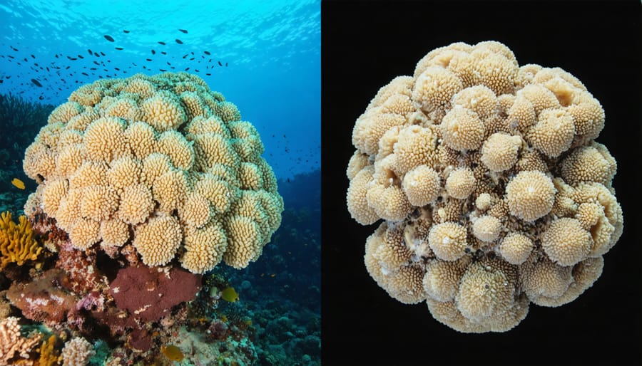 Comparison of a vibrant, diverse coral reef next to a bleached, damaged reef system