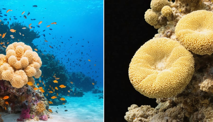 Side-by-side comparison of a vibrant, healthy coral reef and a bleached, deteriorating reef