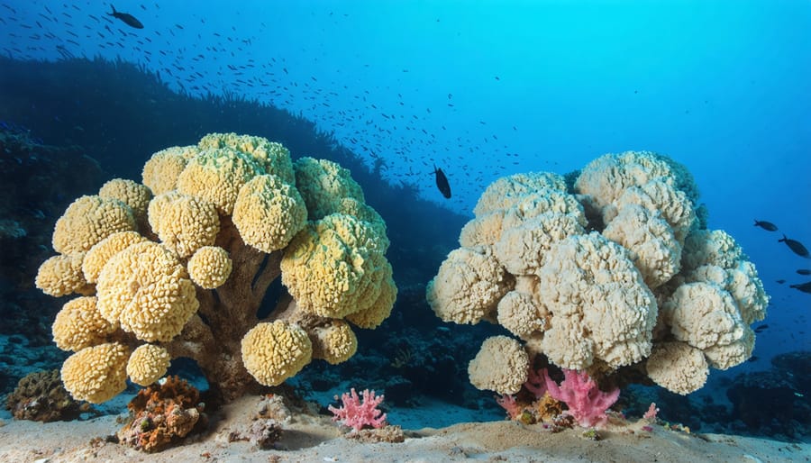 Side-by-side comparison showing vibrant healthy coral reef on left and bleached, deteriorating coral reef on right