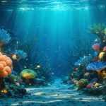 An artistic underwater depiction of a vibrant coral reef, showcasing the critical role of decomposers with visible marine life and abstract representations of unseen nutrient recycling processes.