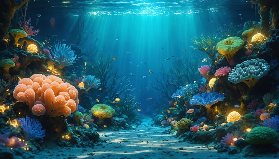 An artistic underwater depiction of a vibrant coral reef, showcasing the critical role of decomposers with visible marine life and abstract representations of unseen nutrient recycling processes.