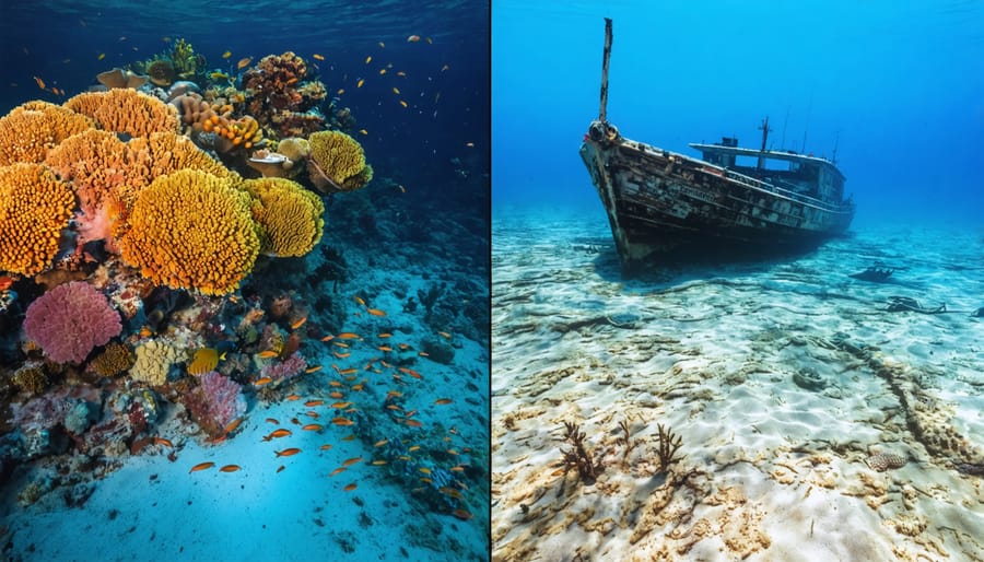 A side-by-side comparison showing a healthy coral reef ecosystem bustling with marine life next to a barren seafloor devastated by bottom trawling, highlighting the severe impact of destructive fishing practices.