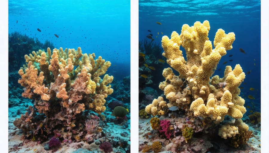 Side-by-side comparison of present-day coral reef and AI-predicted future state