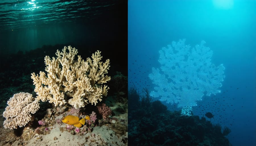 Split image showing damaged vs recovered coral reef with statistical prediction curves