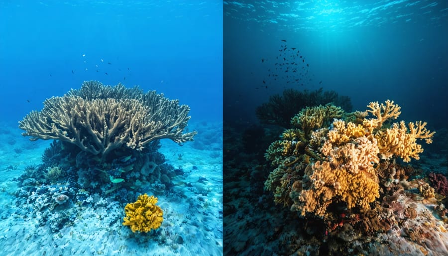 Split image showing healthy coral reef ecosystem versus devastated seafloor after trawling