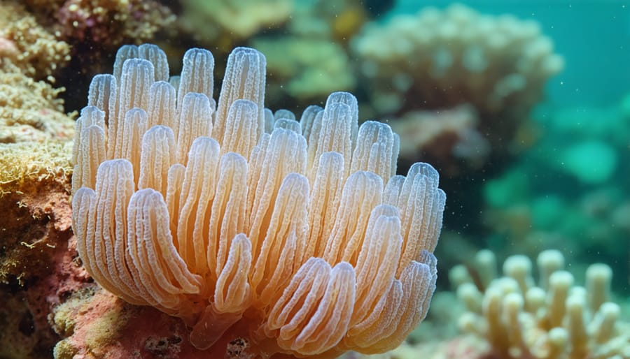 Magnified view of coral polyps showing the golden-brown zooxanthellae living within the coral tissue