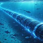 Conceptual illustration of a submarine cable on the ocean floor, depicted as a digital artery with glowing circuits and surrounded by marine life, symbolizing the interaction between technology and nature.
