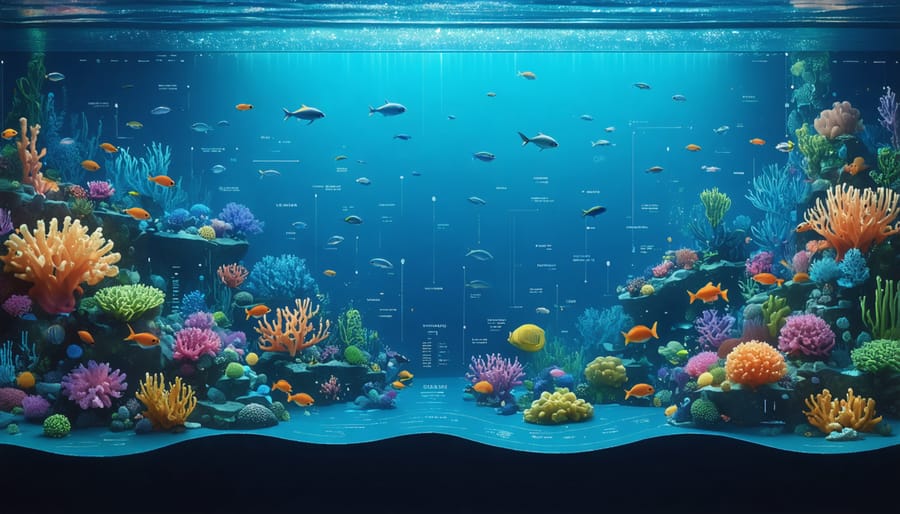 Computer-generated visualization of marine ecosystem with AI data analysis overlays