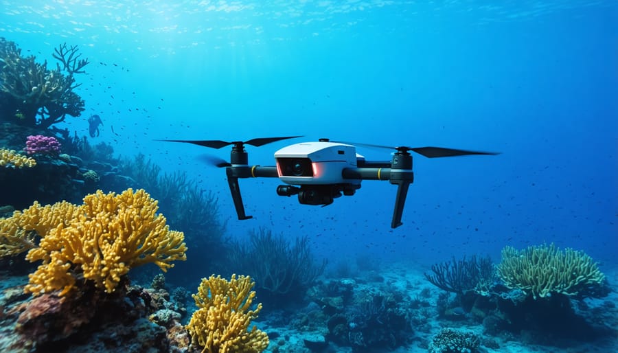 Submersible drone capturing data while hovering near diverse coral reef ecosystem