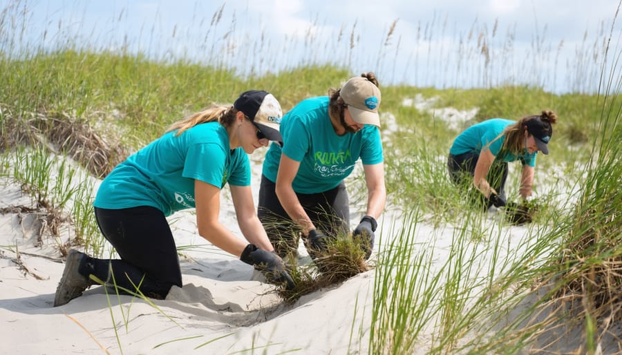 Group of diverse volunteers planting native dune grass species on a beach dune system