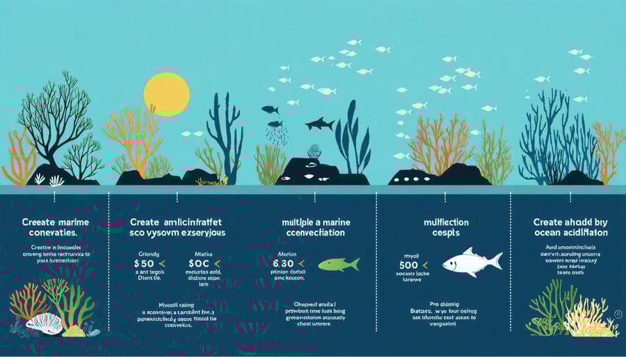 Visual representation of ecosystem services including fisheries, tourism, and coastal protection with indicators showing acidification impacts
