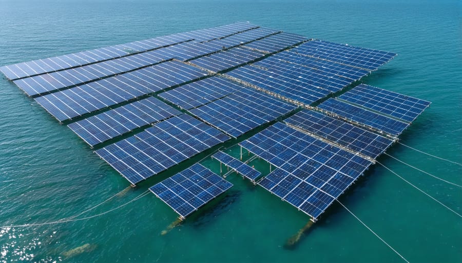 Large-scale floating solar panels on ocean surface with visible marine life shadows beneath