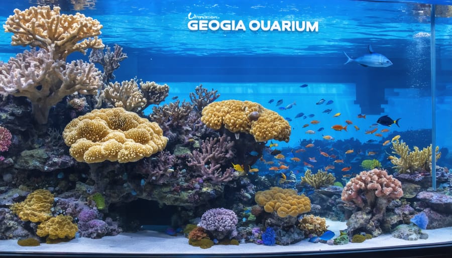 Large coral reef exhibit at Georgia Aquarium showing colorful live corals and reef fish
