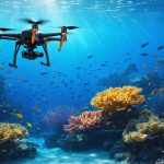 Digital illustration of drones assisting in coral conservation at Georgia Aquarium, showcasing vibrant corals and marine life underwater with the aquarium facility above.