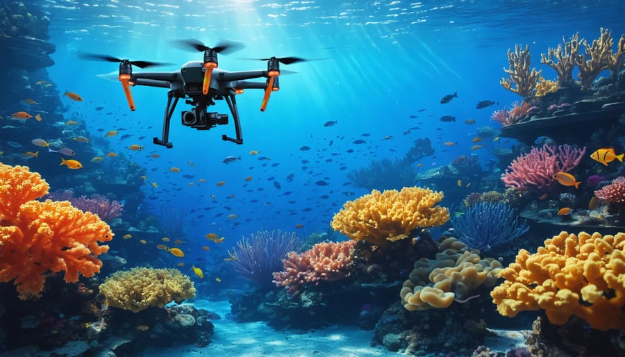 Digital illustration of drones assisting in coral conservation at Georgia Aquarium, showcasing vibrant corals and marine life underwater with the aquarium facility above.
