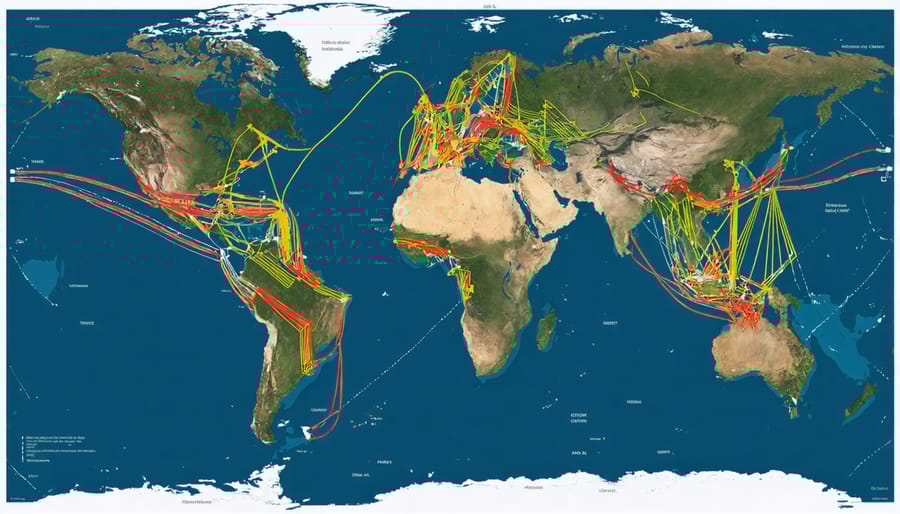 World map visualization of submarine cable network routes connecting continents
