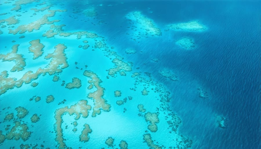 Aerial photograph contrasting healthy and bleached sections of the Great Barrier Reef