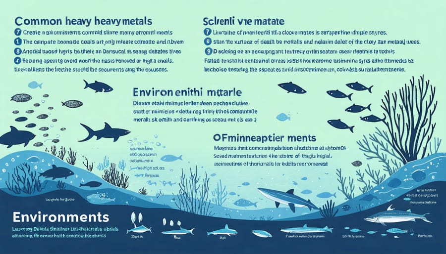 Visual representation of major heavy metal pollutants and their industrial and natural sources in marine ecosystems