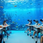 Classroom of high school students wearing VR headsets, immersed in a vibrant underwater scene with coral reefs and marine animals, symbolizing innovative marine biology education.