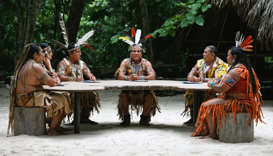 Diverse group of indigenous representatives and conservation officials engaged in policy discussion around a circular table