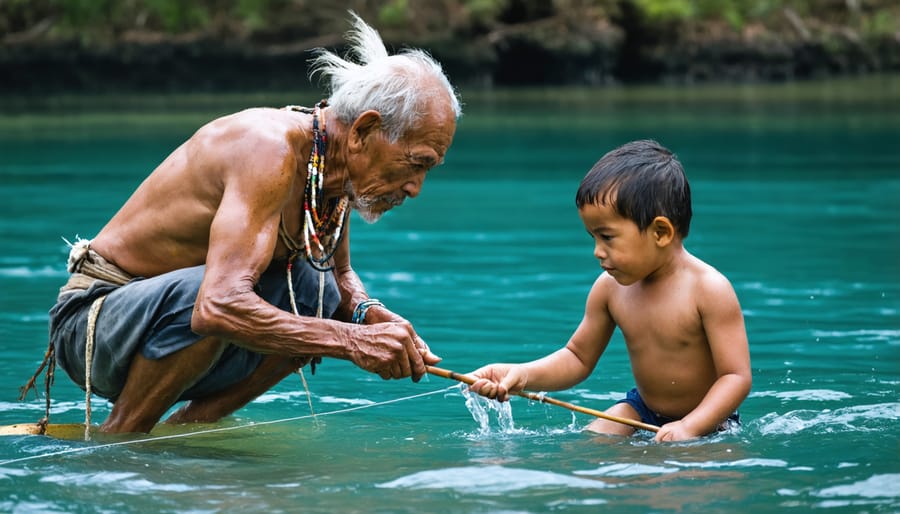 Indigenous elder teaching traditional fishing methods to youth by a coastal shore