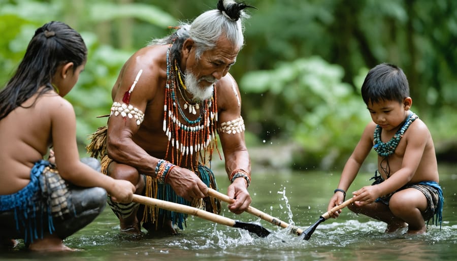 Indigenous elder demonstrating traditional fishing methods to younger generation on a traditional fishing boat