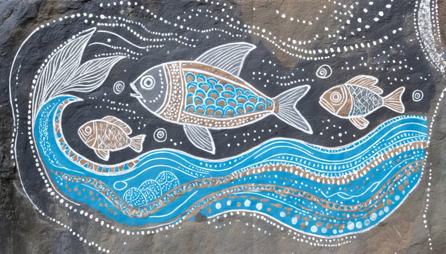 Ancient indigenous rock paintings showing whales, fish, and spiritual marine symbols