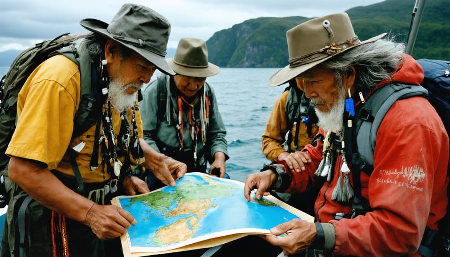 Group of Indigenous elders and marine biologists examining traditional navigation charts alongside modern marine monitoring equipment