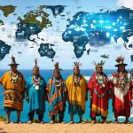 Indigenous leaders and scientists standing by the ocean, observing traditional ecological maps and modern marine data visuals, representing the fusion of traditional knowledge with scientific methods in marine conservation.