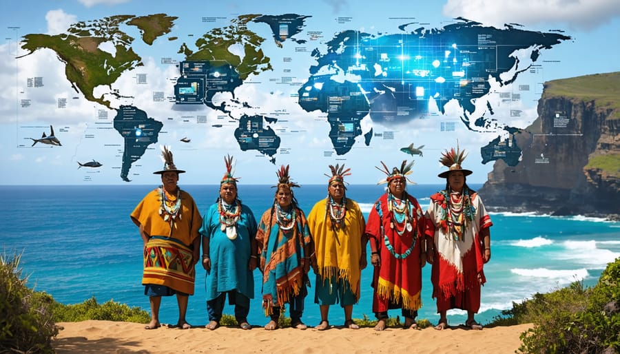 Indigenous leaders and scientists standing by the ocean, observing traditional ecological maps and modern marine data visuals, representing the fusion of traditional knowledge with scientific methods in marine conservation.