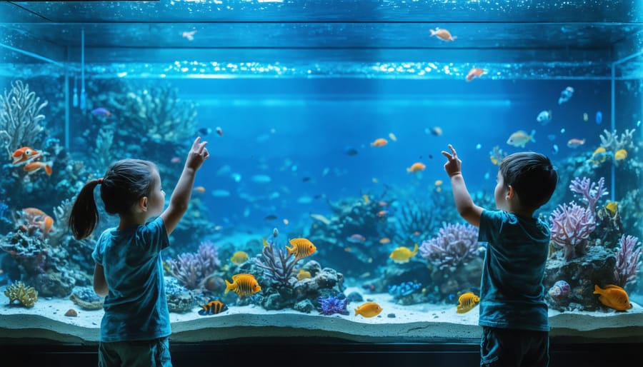 Students gathered around a touch tank learning about marine life from an educator