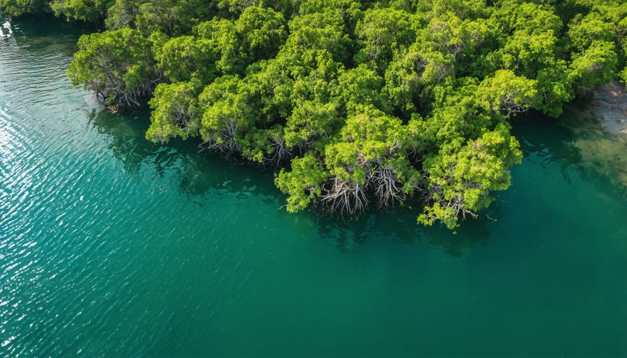 Aerial photograph of mangrove forest with complex root networks extending into turquoise coastal waters