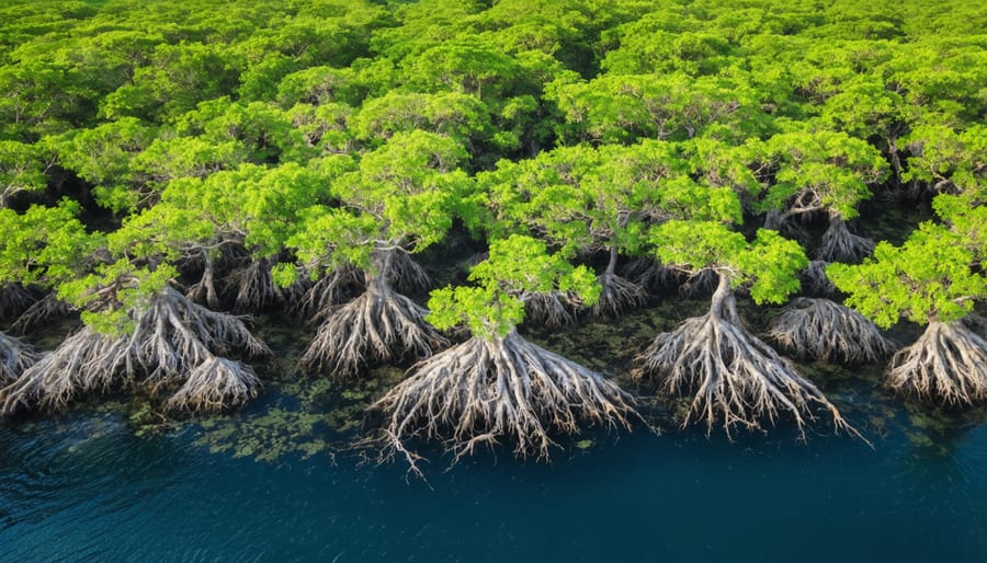 Dense mangrove forest showing complex root systems and clear water channels from above