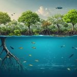 Conceptual illustration of mangrove forests depicting underwater root systems with diverse marine life, coastal protection, and eco-friendly community activities, highlighting their role in carbon storage.